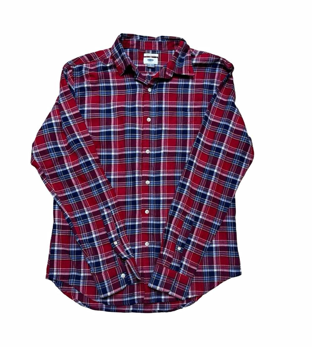 Old Navy Men’s L Slim Fit Red Navy Plaid Flannel Shirt Holiday Christmas